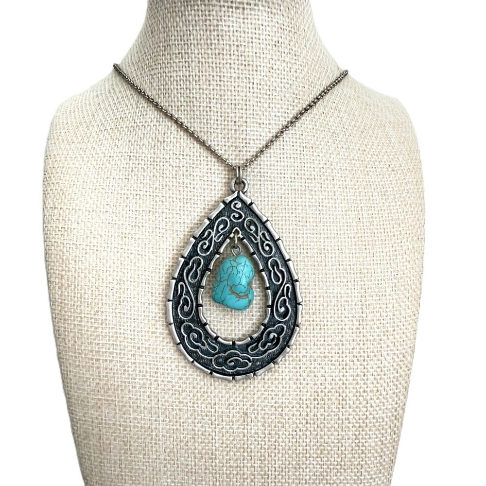 Boho Silver Tone Openwork Teardrop Pendant Faux Turquoise Stone Necklace